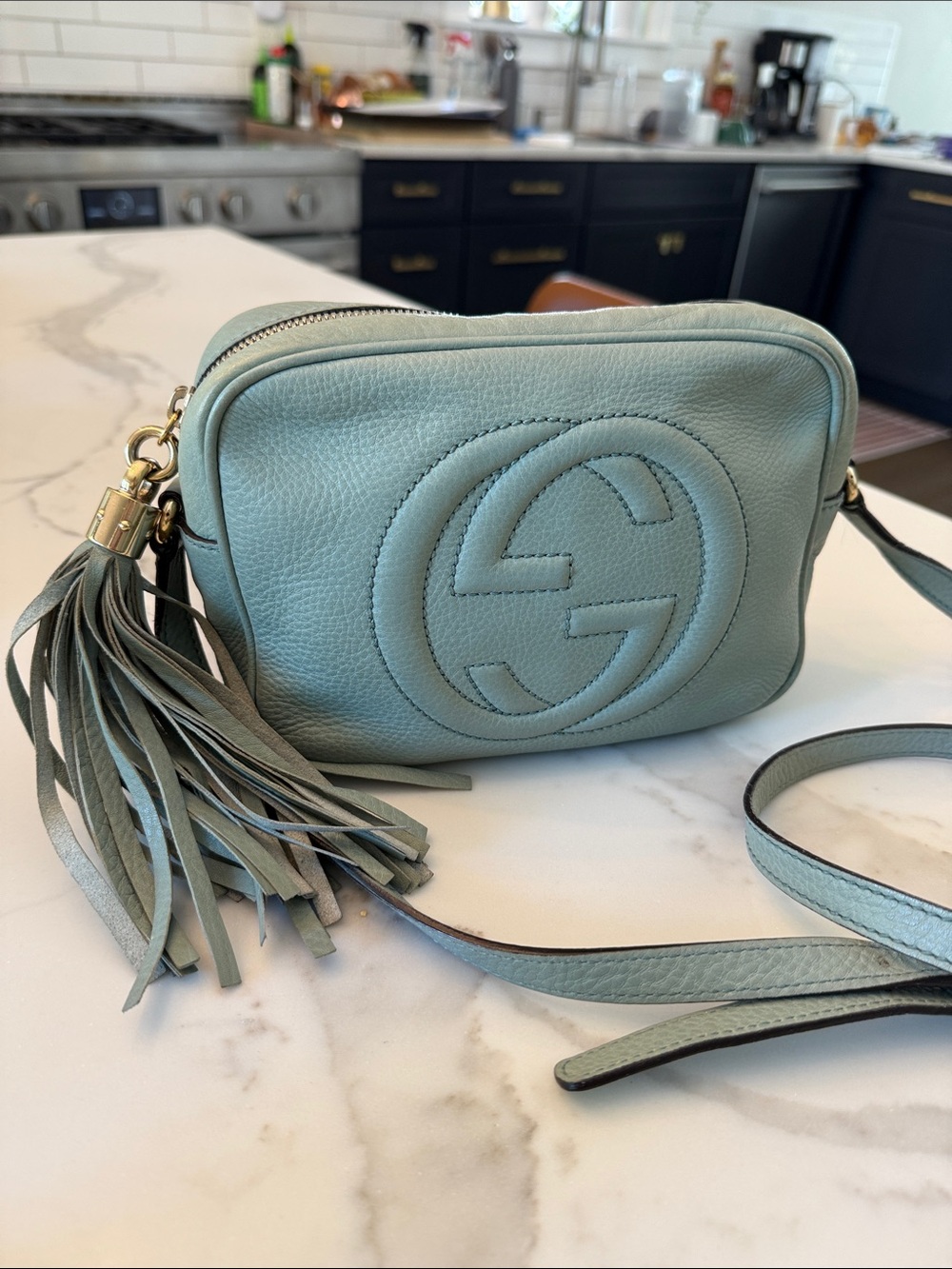 Gucci Aqua Blue Pebbled Leather Disco Crossbody with Tassel